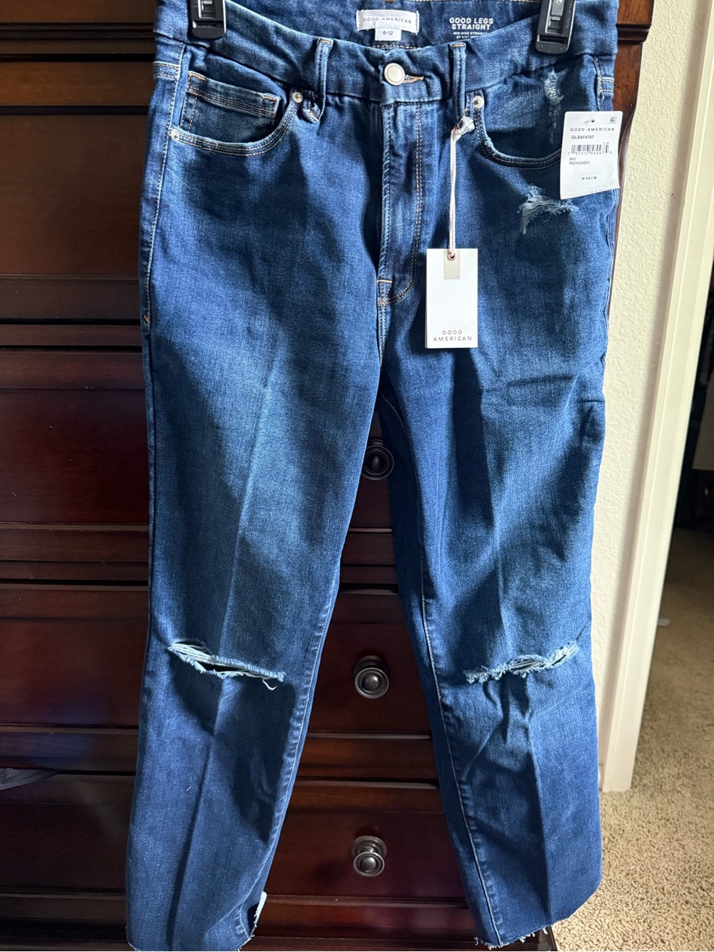 Good American Dark Blue Straight Leg Distressed Jeans